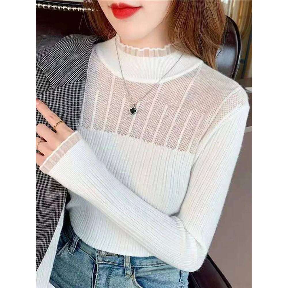 Lace Mock Neck Women Sweater Sexy See-through Knitwear Pullovers Jumper Autumn Winter Solid Soft Long Sleeve Sweaters Female Top Z260313