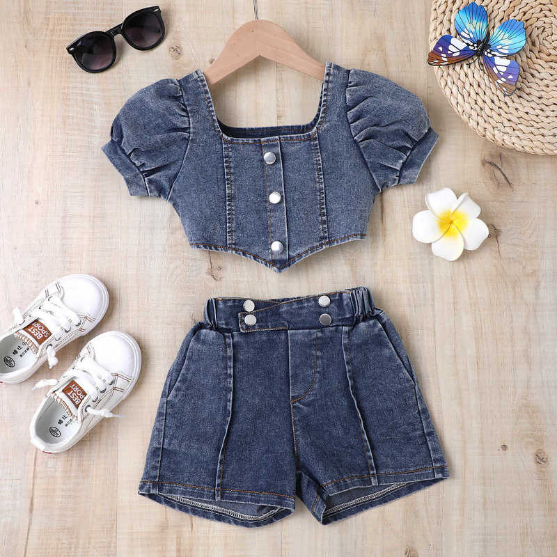 Clothing Sets Girls' summer clothing ruffled collar lantern sleeve top multi-button denim suit with puff sleeves