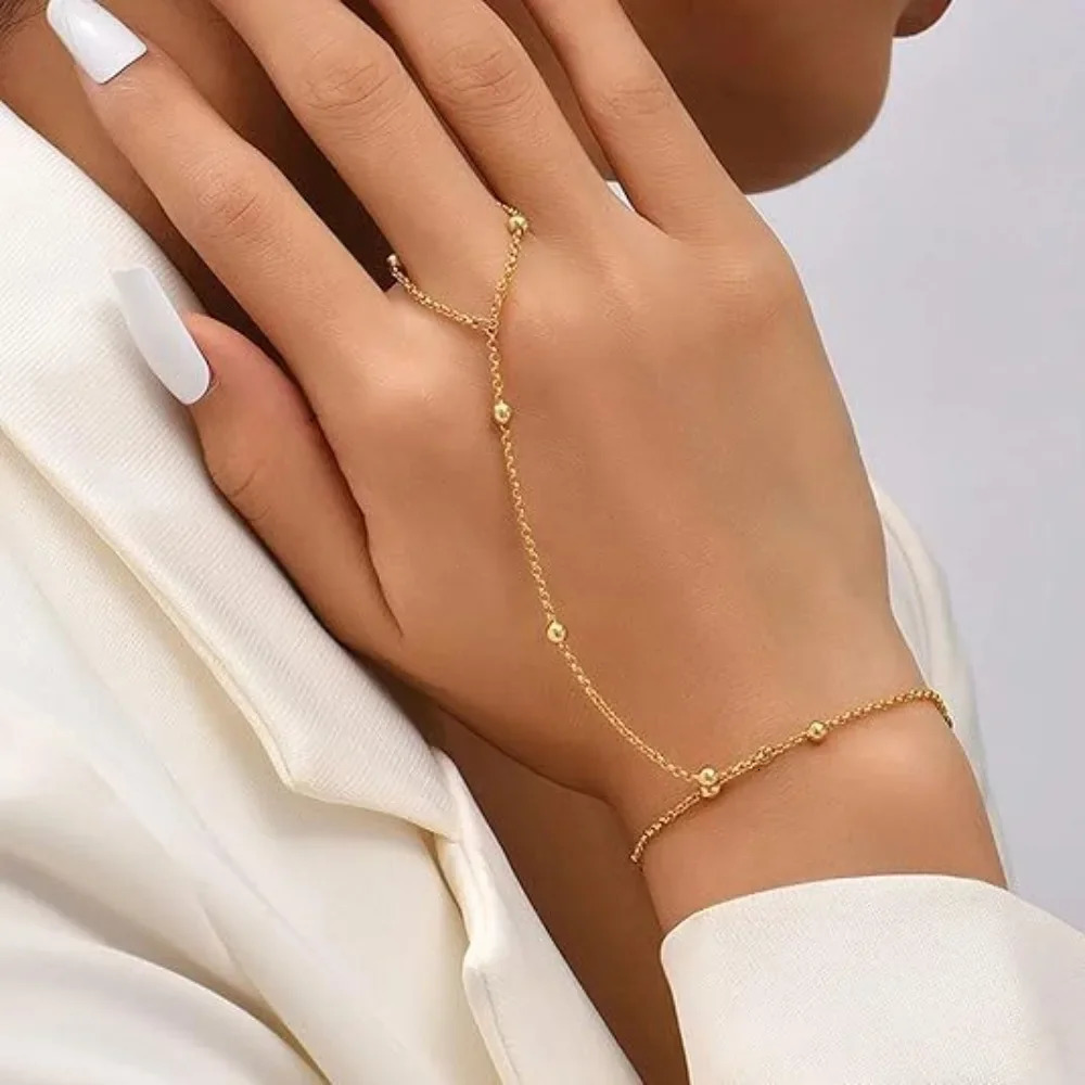 Temperament Gold Color Stainless Steel Finger Chain Round Bead Zircon Ring Link Bracelet for Women Personality Jewellery Gifts 260313