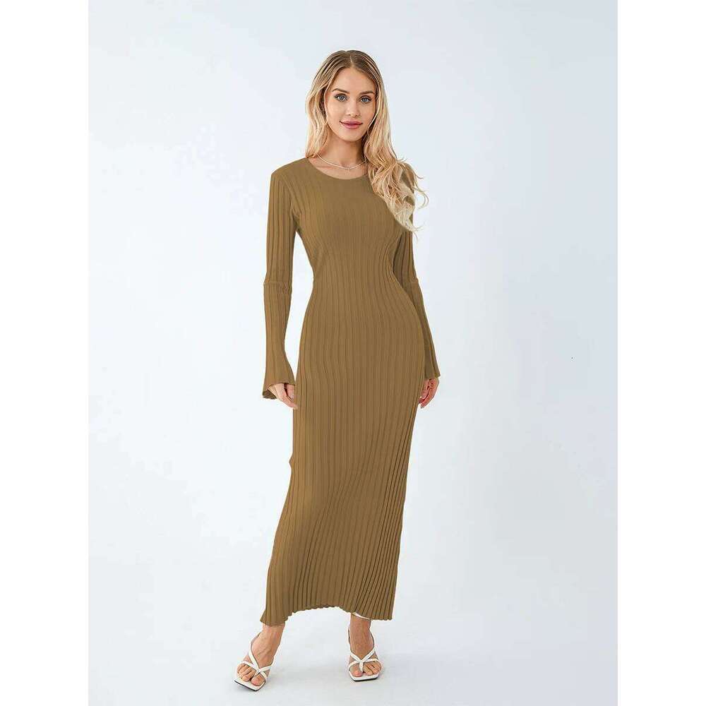 Women Spring Autumn Lace-up Knit Elegant Sleeve Crew Neck Ribbed Solid Color Long Dress Streetwear Z260313