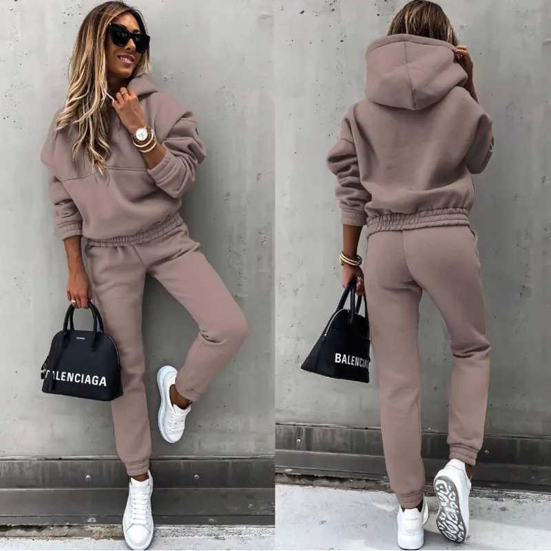 Winter Tracksuit Women Two Piece Set - Oversized Hoodie Sweatpants Solid Color Sportswear Suit Casual Sweatshirt Trouser Set M260313