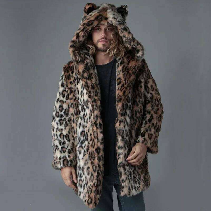 Men Faux Fur Jacket Winter Coat Thick Hooded Leopard Print Mid Length Warm Ears Overcoat Vintage Loose Casual 2025 Outerwear Z260313