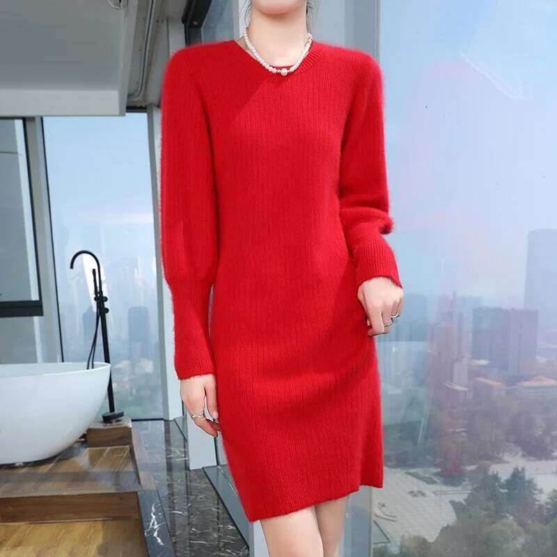 Autumn and winter O-neck sweater dress, 100% mink cashmere knitted simple long style, women's new style pullover dress Z260314