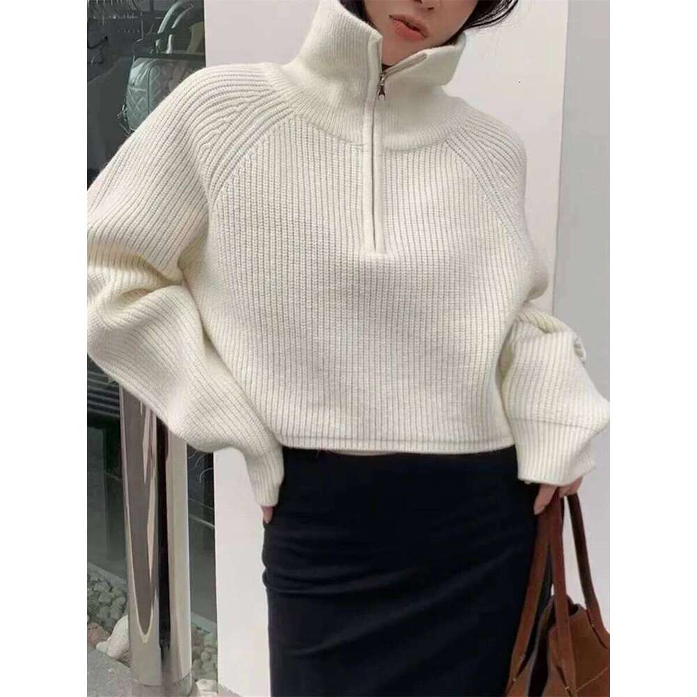 Quarter Zip Knit Sweater Cozy High Collar Long Sleeve Crop Jumper Pullover Women Teenage Girl Fall Winter Z260314
