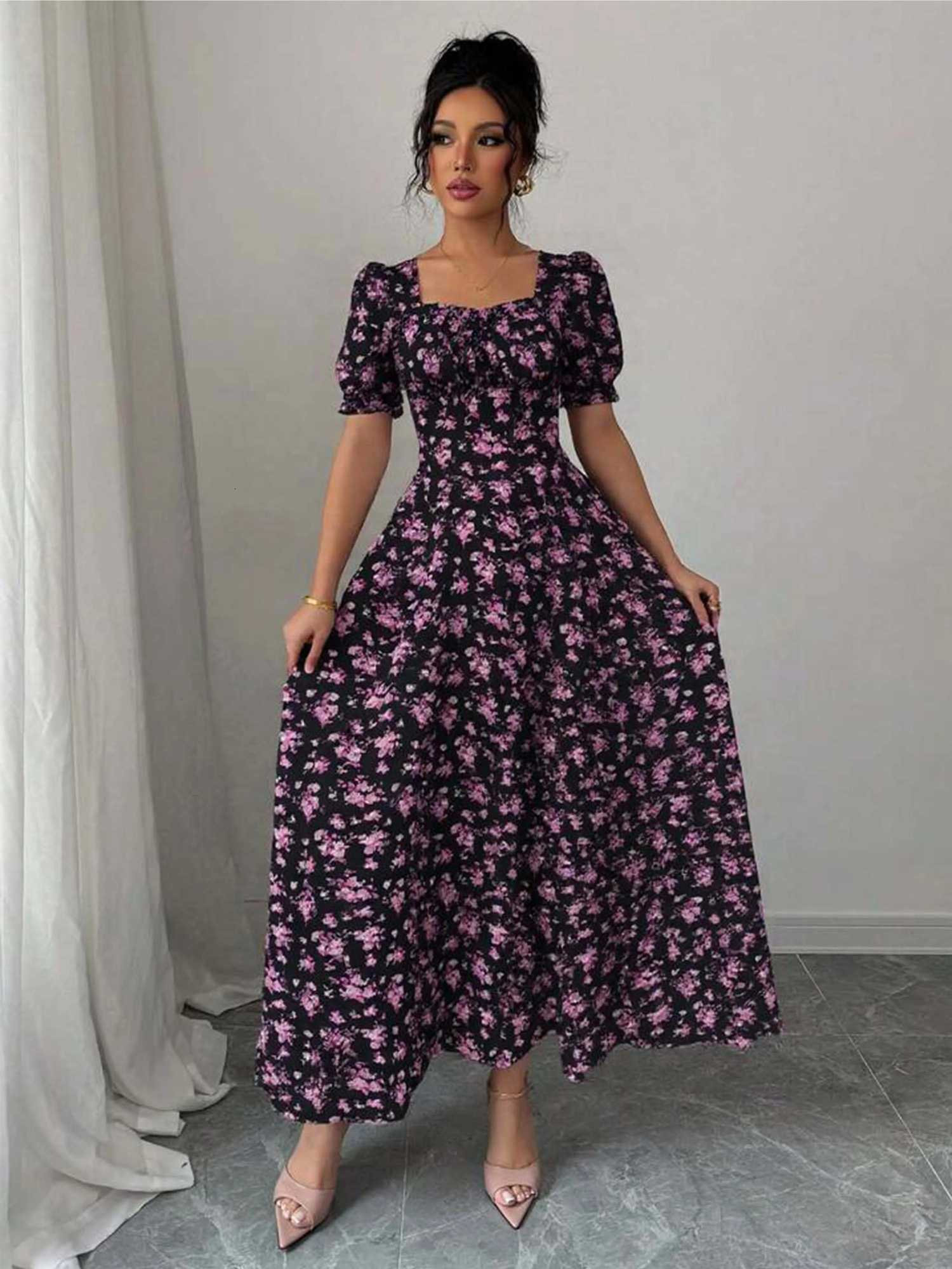 Womens Summer Elegant Casual Puff Sleeve Square Neck Black Floral Print Maxi DressT260314