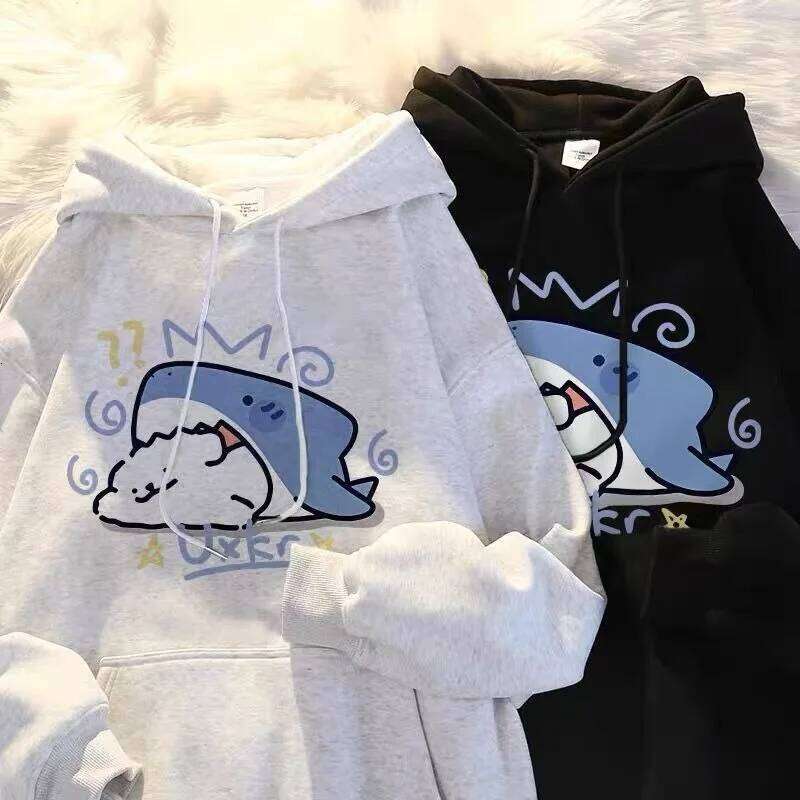 Cartoon Shark Print Couple Hoodie Women Men Autumn Winter New Oversize Cotton Plush Sweatshirt Pullover Y2K Tops Warm clothing Z260314