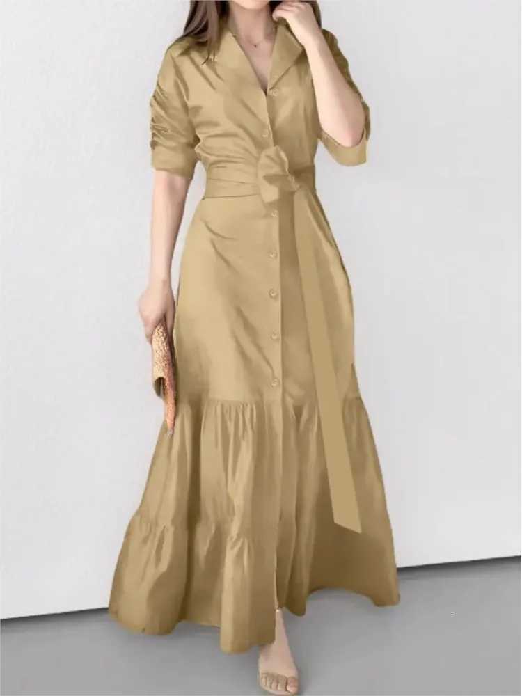 Elegant Womens Dress Summer Fashion Solid Color Long-sleeved Shirt Dress Boho Style Waist Lace-up Maxi Dresses Femme VestidosT260314