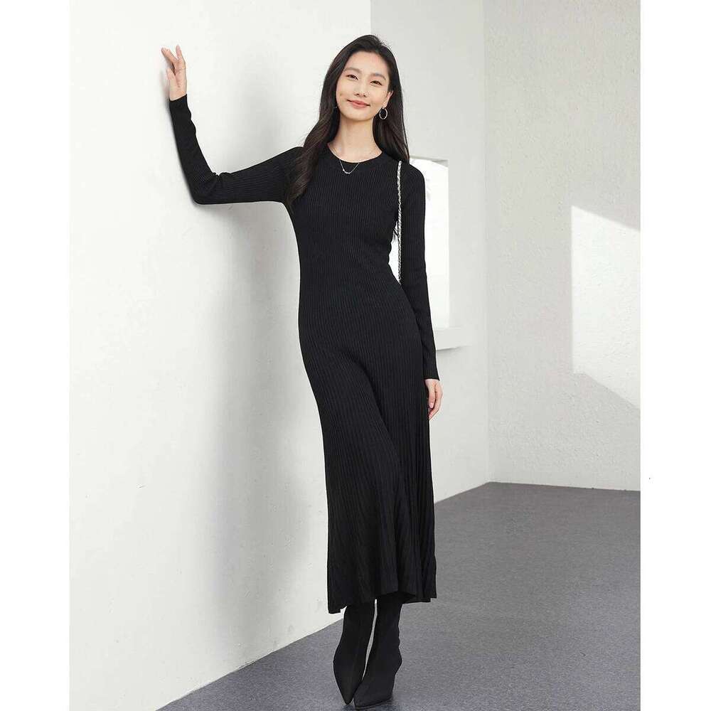 VIMLY Long Dresses 2025 Winter Woman Elegant Wool Blend Knitted Evening A-line Round Neck Slim Bodycon Midi Dress 73533 Z260314