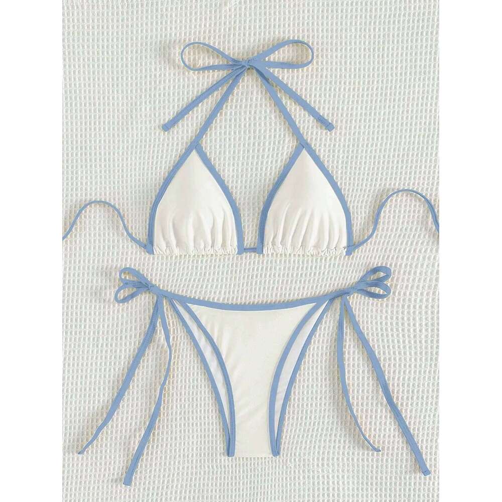 Summer white and blue color-block bow-tie pure bikini set suitable for women's beach vacation 26H0313