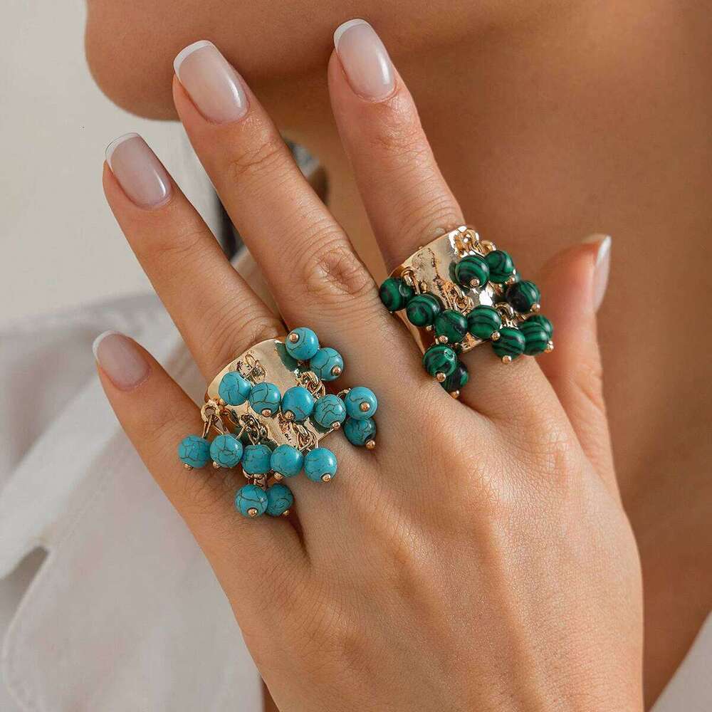 Salircon Trendy Imitation Pearl Stone CCB Small Ball Women's Man 2024 Vintage Street Punk Hip Hop Ring Female Jewelry H260312