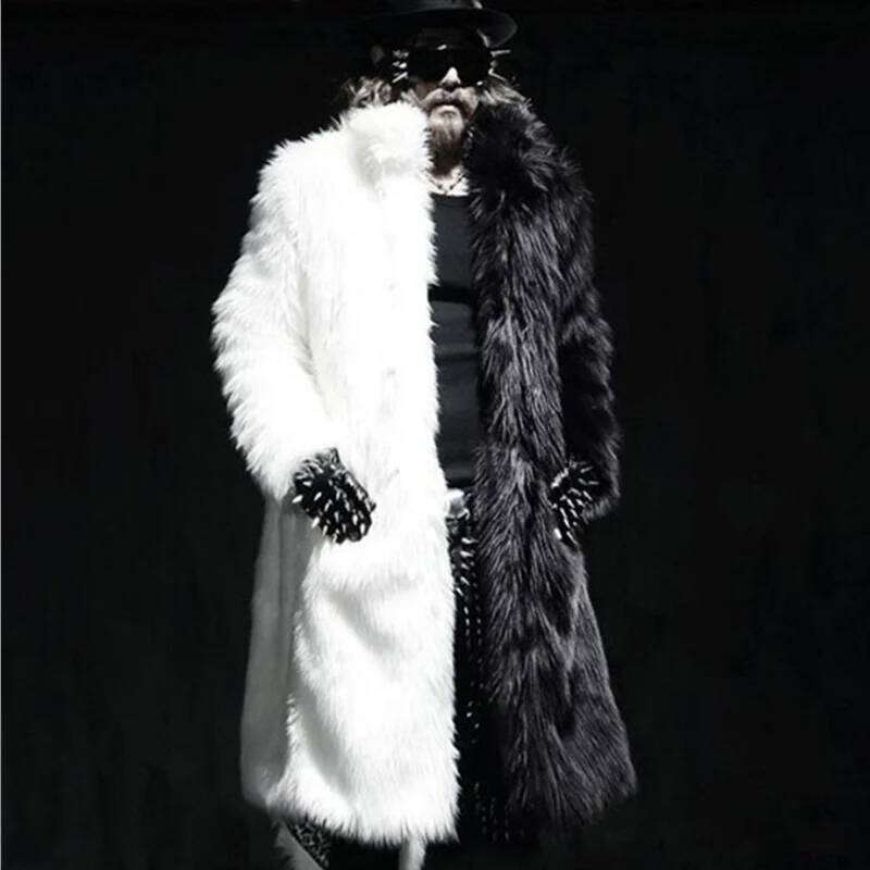 Winter new men's long fox fur coat casual warm jacket black and white colored windbreaker Z260313