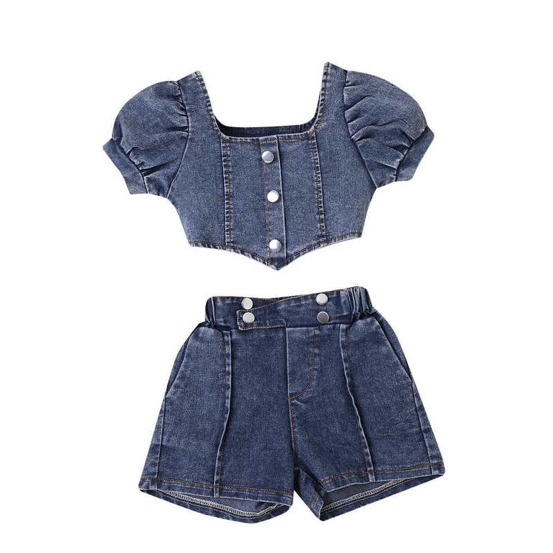 Clothing Sets Girls' summer clothing ruffled collar lantern sleeve top multi-button denim suit with puff sleeves