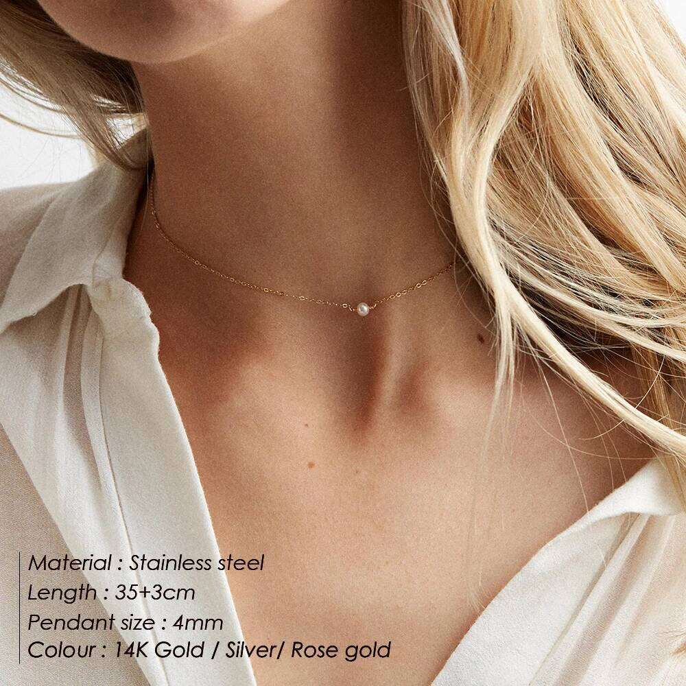 4MM Simulated-pearl Pendant for Dainty Stainless Steel Gold Color Necklace Women H260312