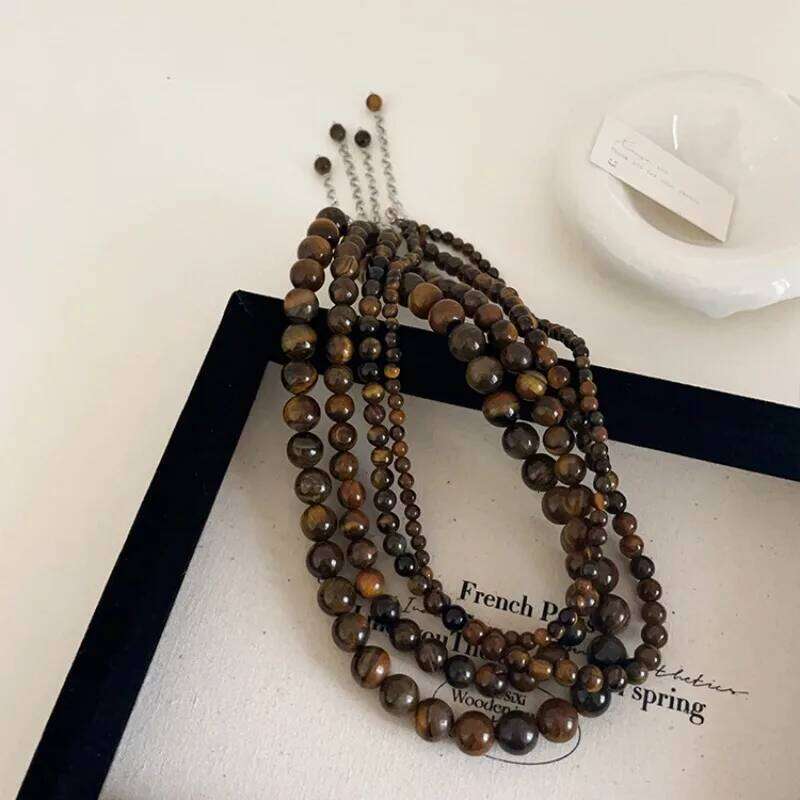 Minar Vintage 4 6 8 10mm Natural Stone Tigereye Strand Beaded Necklace for Women Femme Silver Plated Chokers Sweater Chain H260312