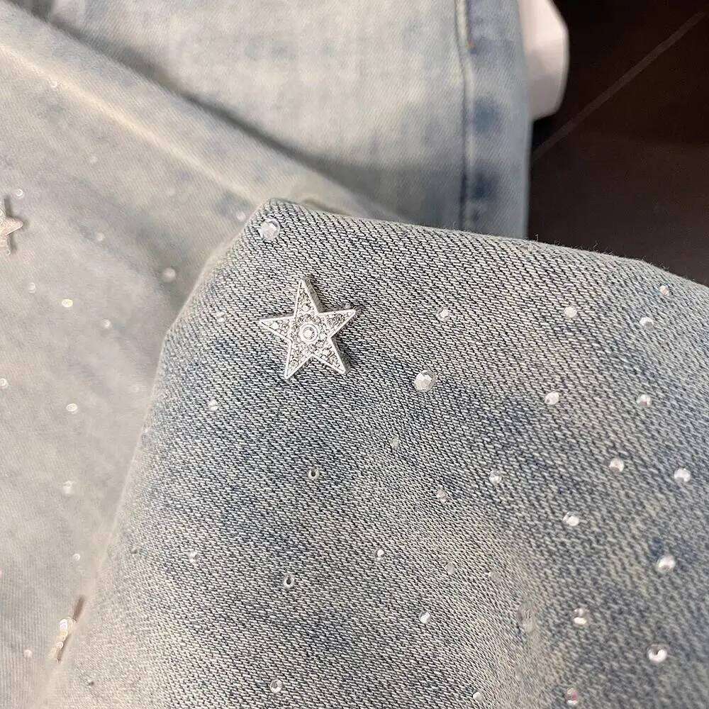 Heavy-Duty Star Rhinestone Shiny Light Blue Jeans Women's Summer High Waist Slim Stretch Flared Pants Z260313