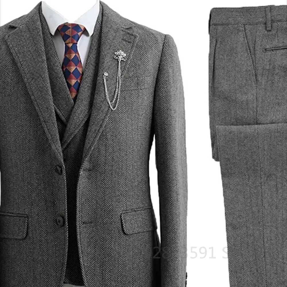 Mens Tweed Spine Trench Coat Wedding Suit Casual Style 3-Piece Mens Fashion Terno De Espinha Transversal M260313