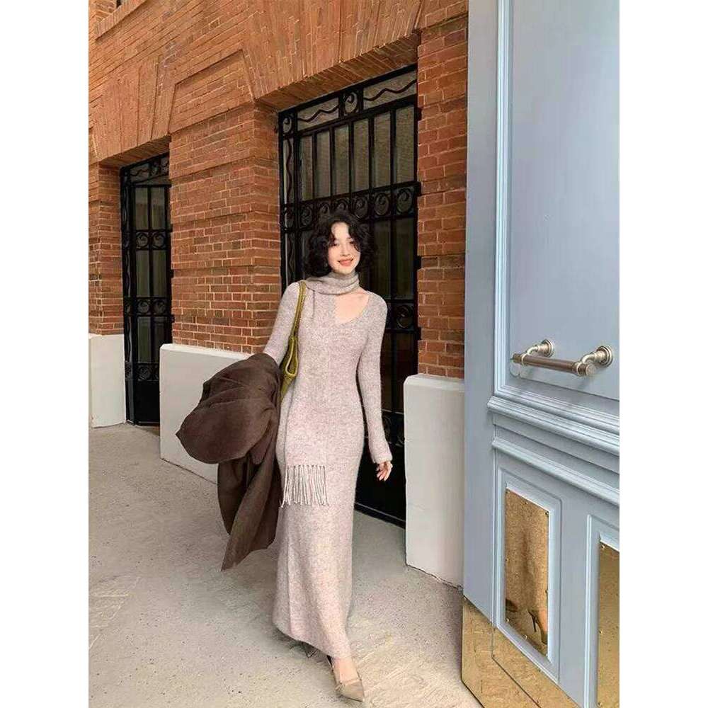 Vintage Knitted Midi Y2K Autumn Slim with Scarf Long Sleeve Dress Korean Streetwear Chic All Match Female Vestidos Z260314