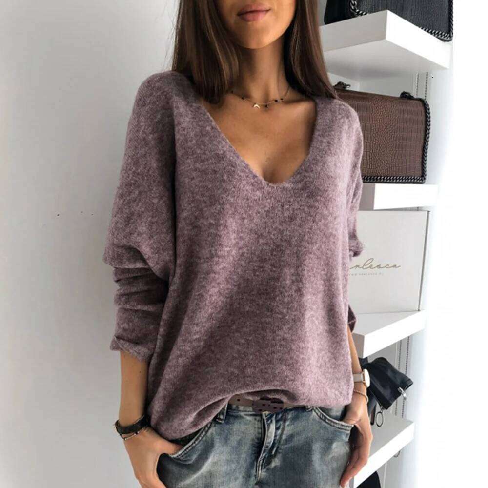 Women Elegant V Neck Pullover Vintage Long Sleeve Loose Knitted Sweater Casual Solid Wild Jumpers 2020 Knitting Tops Z260313
