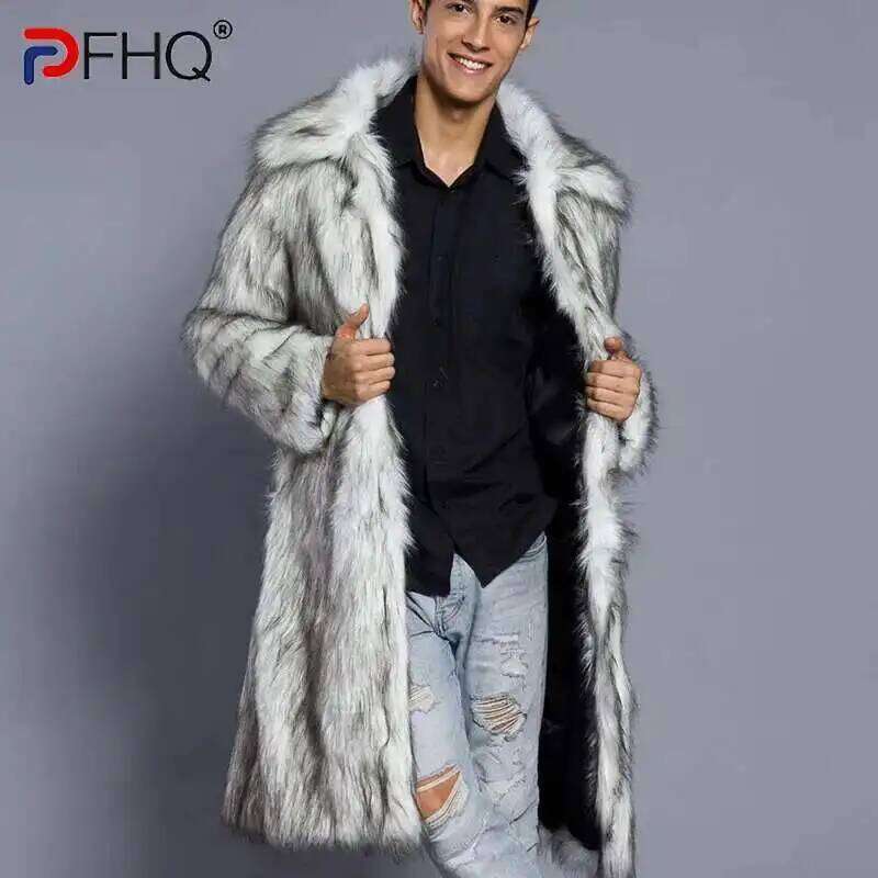PFHQ Autumn Winter New Men's Square Neck Faux Fur Coat 2024 Solid Color Warm Long Sleeve High Street Tops 21Z7150 Z260313