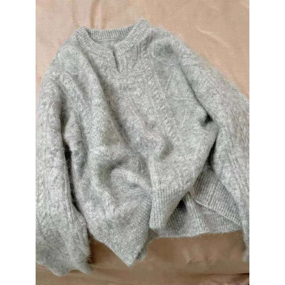 Grey V Neck Knitted Sweaters Women Autumn Korean Loose Lazy Style Casual Jumpers Y2K Fashion Winter Warm Simple Pullovers Mujer Z260313