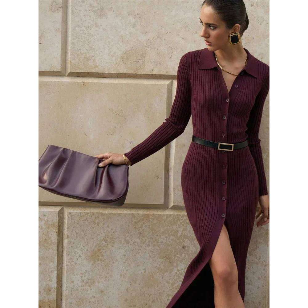 Autumn Knitwear Ribbed Maxi Female Patchwork Loose Sleeve Cardigan Lapel Knit Women's Casual Long Dress Z260314