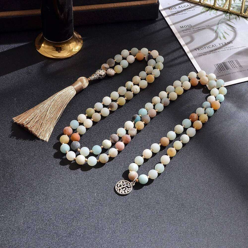 8mm Natural Mattle Amazonite Beaded Knotted 108 Mala Necklace Meditation Yoga Prayer Japamala Rosary For Men and Women H260312