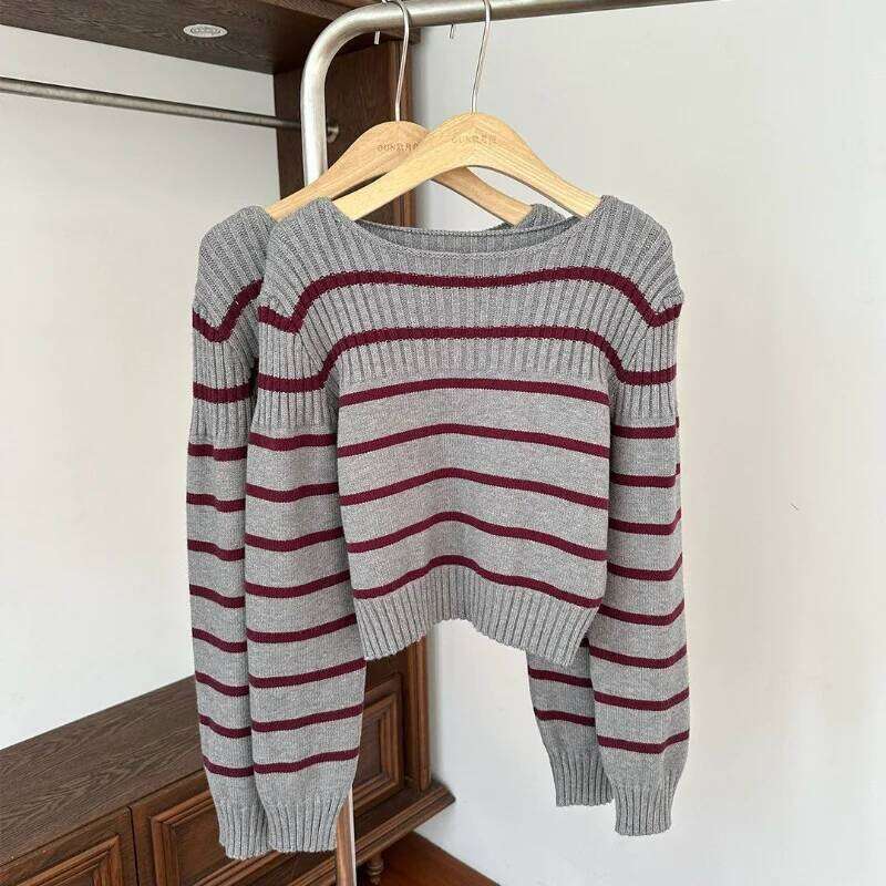 Korean Red Stripe Pullover Sweater Women Autumn Winter New Style Fashion High Grade Sense Knit Off Shoulder Top Z260313
