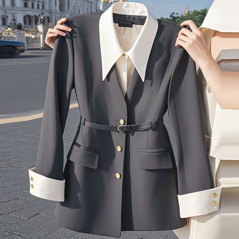 Luxury Brand Designer Clothes 2024 Early Autumn Little Style Black Fake Two-Piece Blazer Women's Niche Design Korean Style Waist-Cinching Small B