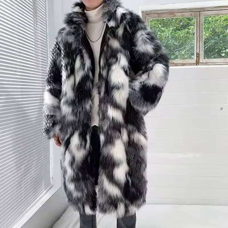 Winter Hip Hop Long Faux Fur Coat Stand-up Collar Plush Jacket Men Korean Fashion Warm Thicken Casual Overcoat Street Z260313
