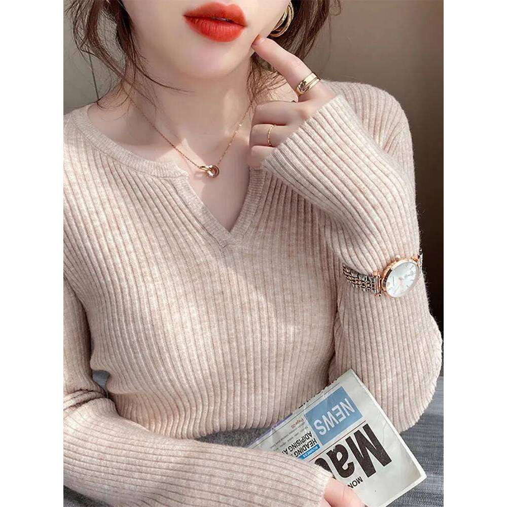 2025 Autumn Winter Women Sweater Solid Rib Knit V Neck Stripe Pull Femme Y2k Long Sleeve Pullover Jersey Tops Fashion Clothes Z260313