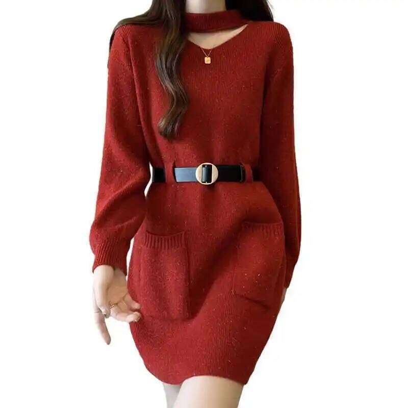 Red Bright Silk Sweater Mid-length Knitted Autumn Winter Waist-hugging and Slimming Inner Bottom Skirt Z260314