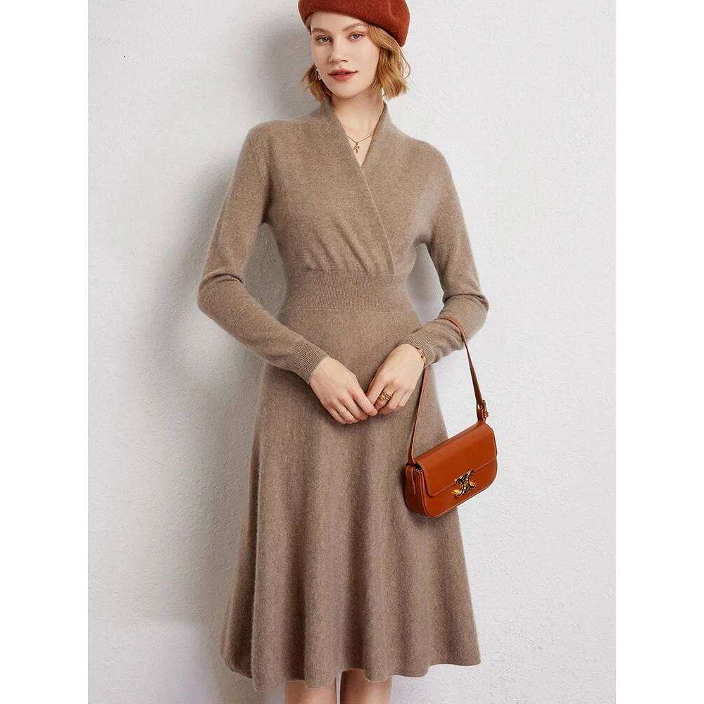 CHICUU Women 100% V-neck Waist Cinching Dresses Autumn Winter Office Lady Grace Luxury Cashmere Knitwear Z260314