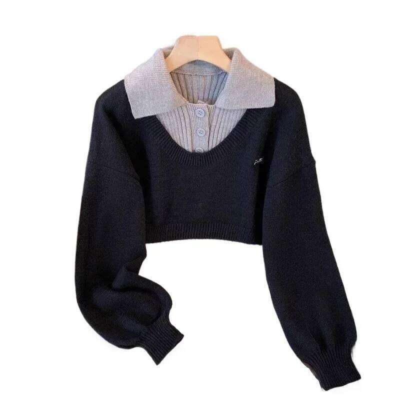 Y2k Two-piece Set Women Knitted Sweater Harajuku Autumn Winter Coat Design Trend Tops Collegiate Pullovers Suits Short Outerwear Z260313