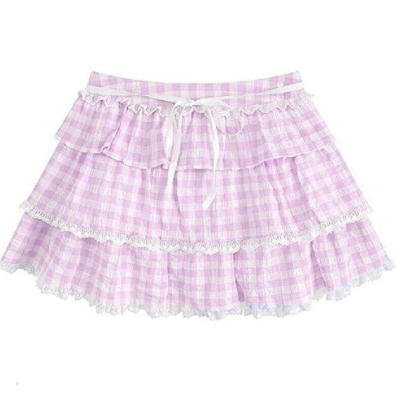 Japanese Kawaii Lace Trim Mini Lolita Style Gingham Layers A-line Y2k Aesthetic Plaid Skirt Teen Girl Streetwear Z260314