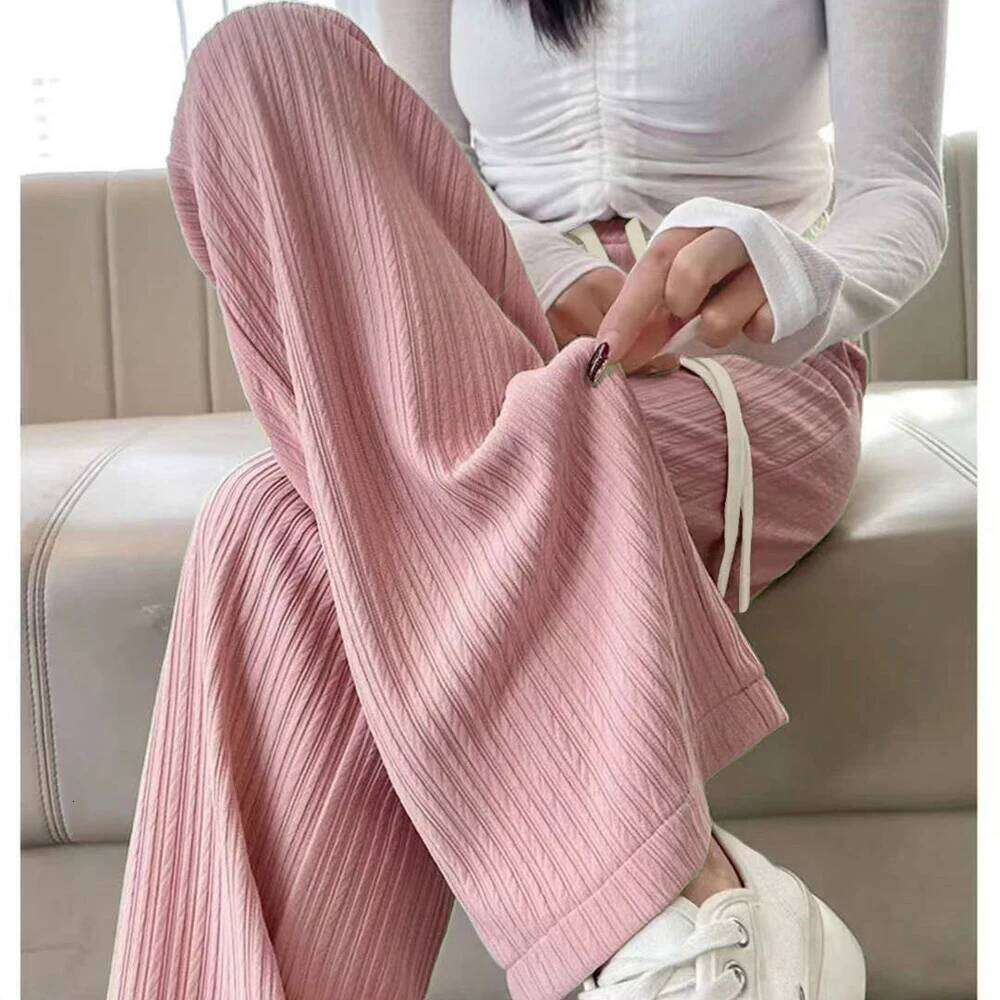 Summer Cool Ice Silk Straight Women Fashion High Waist Wide Leg Trousers Female Solid Sagging Feeling Baggy Casual Pants