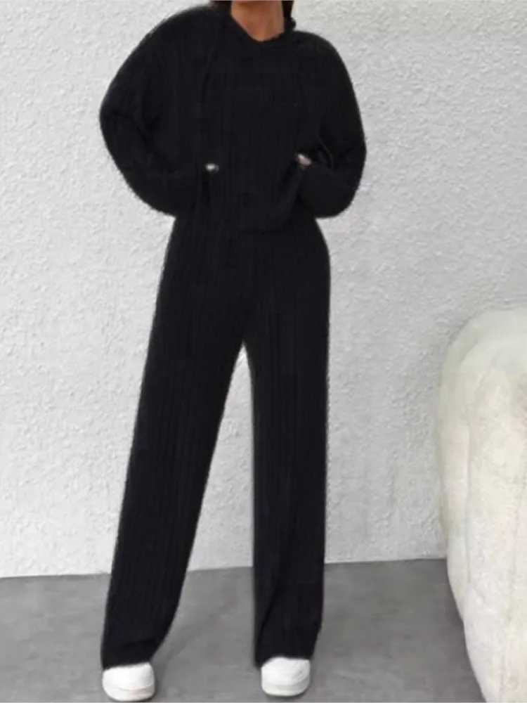 Spring Autumn Womens New Solid Color Casual Knitted Striped Hooded Sweatshirt Loose Long Sleeved Long Pants Two-piece Set M260313