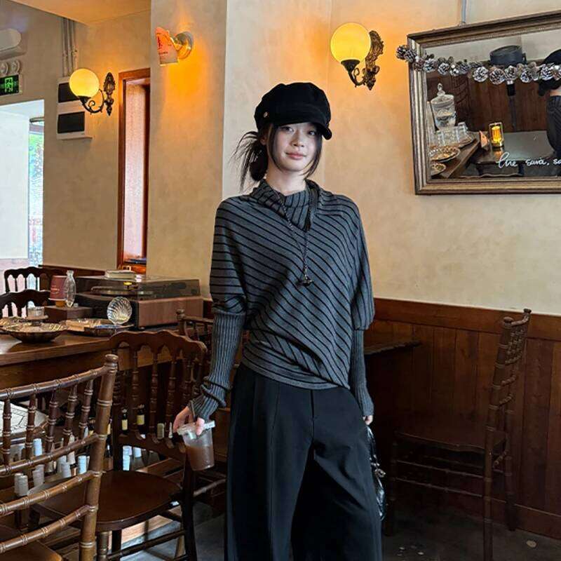 Tonngirls Harajuku Striped Sweater Women Batwing Sleeve Knit Turtleneck Pullovers Y2k Japanese 2000s Knitwear Korean Style Tops Z260313