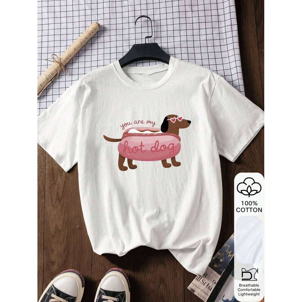 Fun Sausage Dog Printed Cotton T-shirt Summer Women's Leisure Home Travel Tee Round Neck Comfortable Breathable Y2k Top Z260314