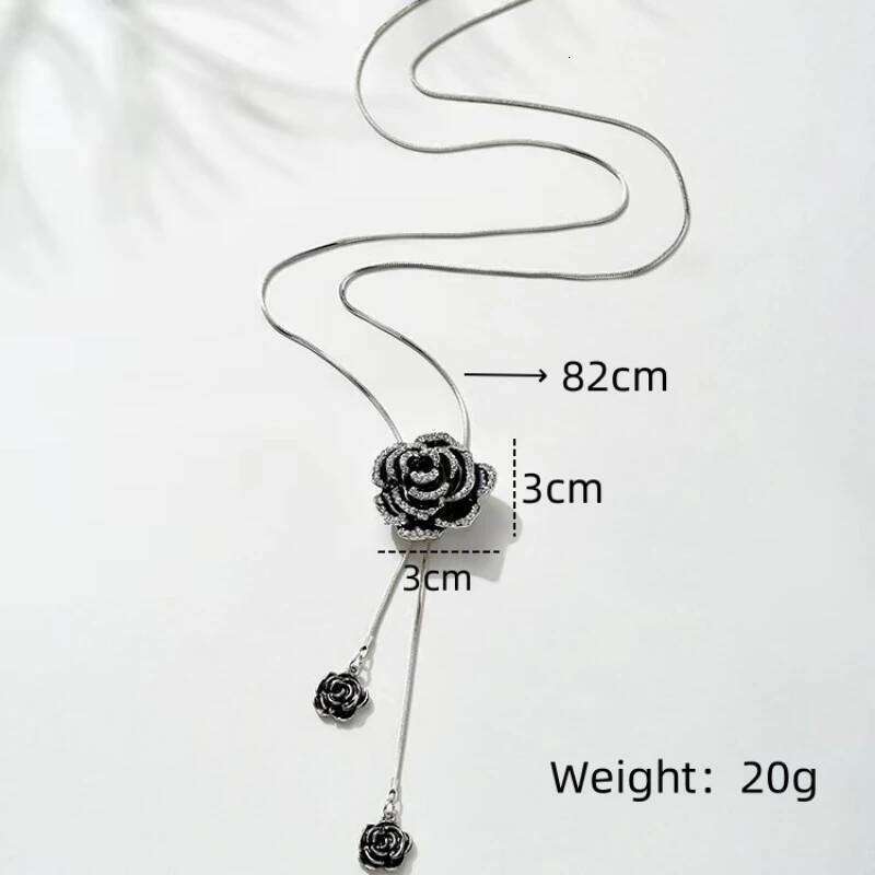 Fashion Black Rose Flower Long Necklace Sweater Chain Metal Crystal Pendant Necklaces Adjusted H260312