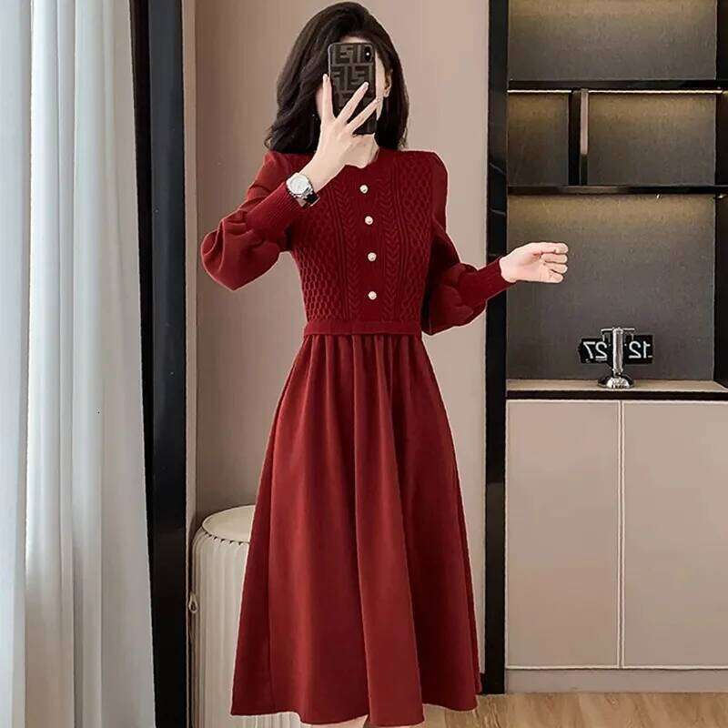 Women NewCasual O-Neck Dresses Autumn Ladies Long Styles Sweater Female Lantern Sleeve Fake Two Pieces Knitted Dress Z260313