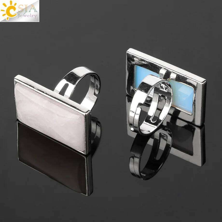 CSJA Rectangle Natural Stones Finger Rings Silver-color Adjustable Ring Healing Crystal Pink Quartz Women Statement Jewelry G456 H260312