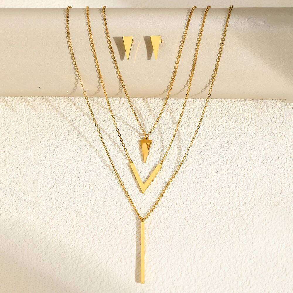 Boho Geometric V Shape Stud Earrings Necklace Set, Waterproof and Fadeproof, Women's Jewelry, Wedding Party Favors H260312