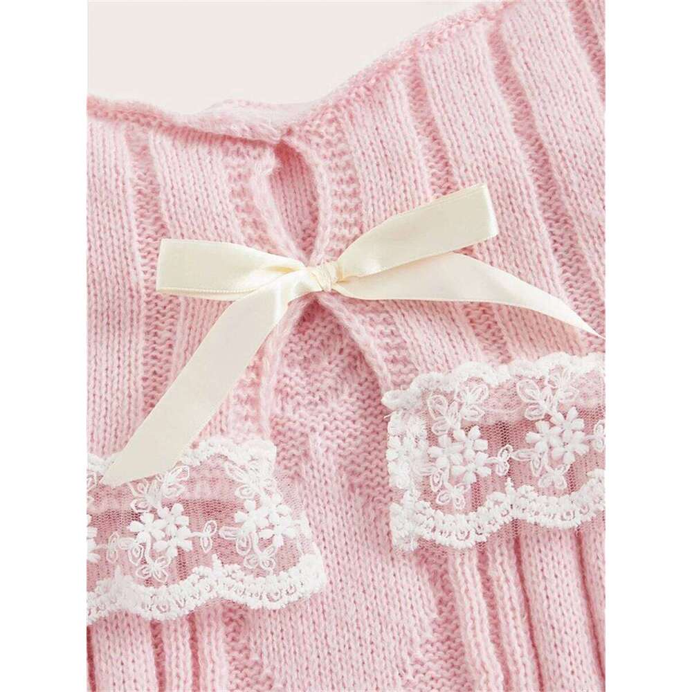 Grunge Women Off Shoulder Knit Sweater Pink Pullover Sweet Pullovers Long Sleeve Bow Lace Patchwork Jumpers Y2k Streetwear Z260313