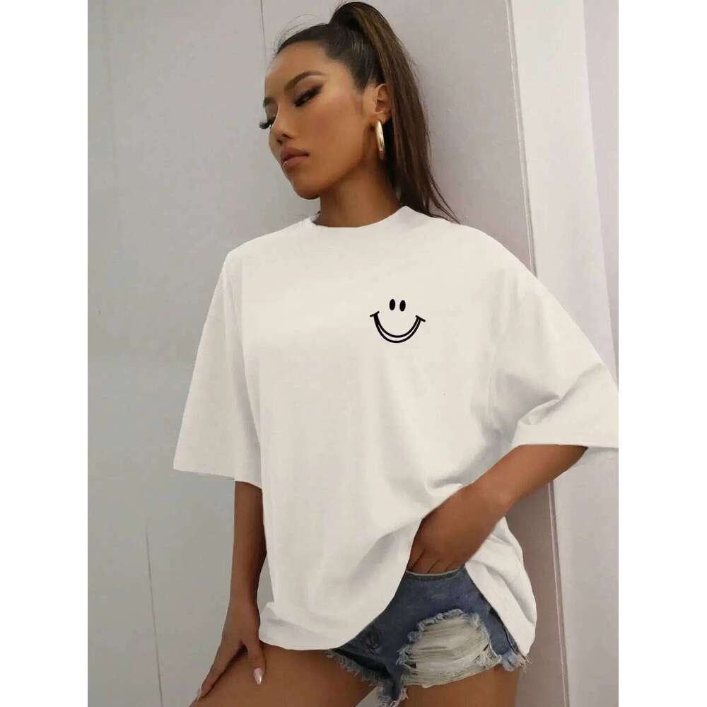 Happy Expression Printed Short Sleeve Street Hip Hop Tee Clothing All-math Breathable Tops Crewneck Women T-Shirts Z260314