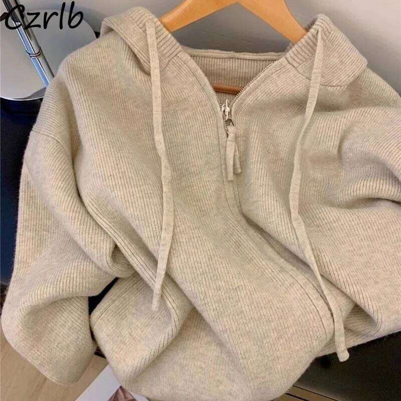 Khaki Knitted Hooded Cardigans Women Casual Drawstring Students Sweaters Zip-up Coats Spring Winter Loose Soft Z260313