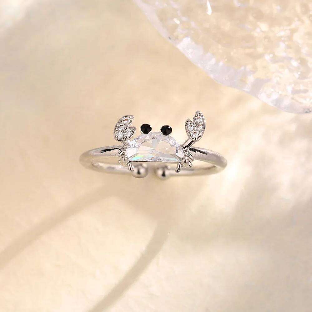 Creative Design Crystal Crab Stainless Steel Opening Rings for Women Exquisite Cute Marine Animal Finger Accessory Jewelry Gifts H260312