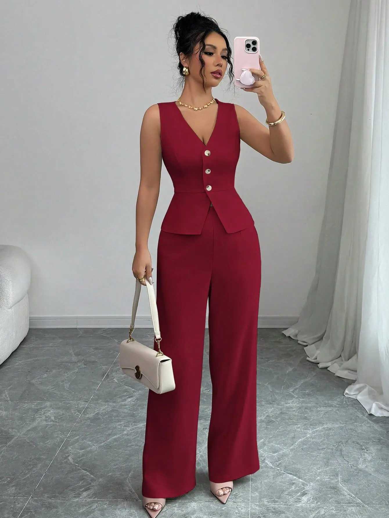 Womens Solid Color Sleeveless Slim Fit Vest High Waisted Pants Two-piece Set for Summer 2025 M260313
