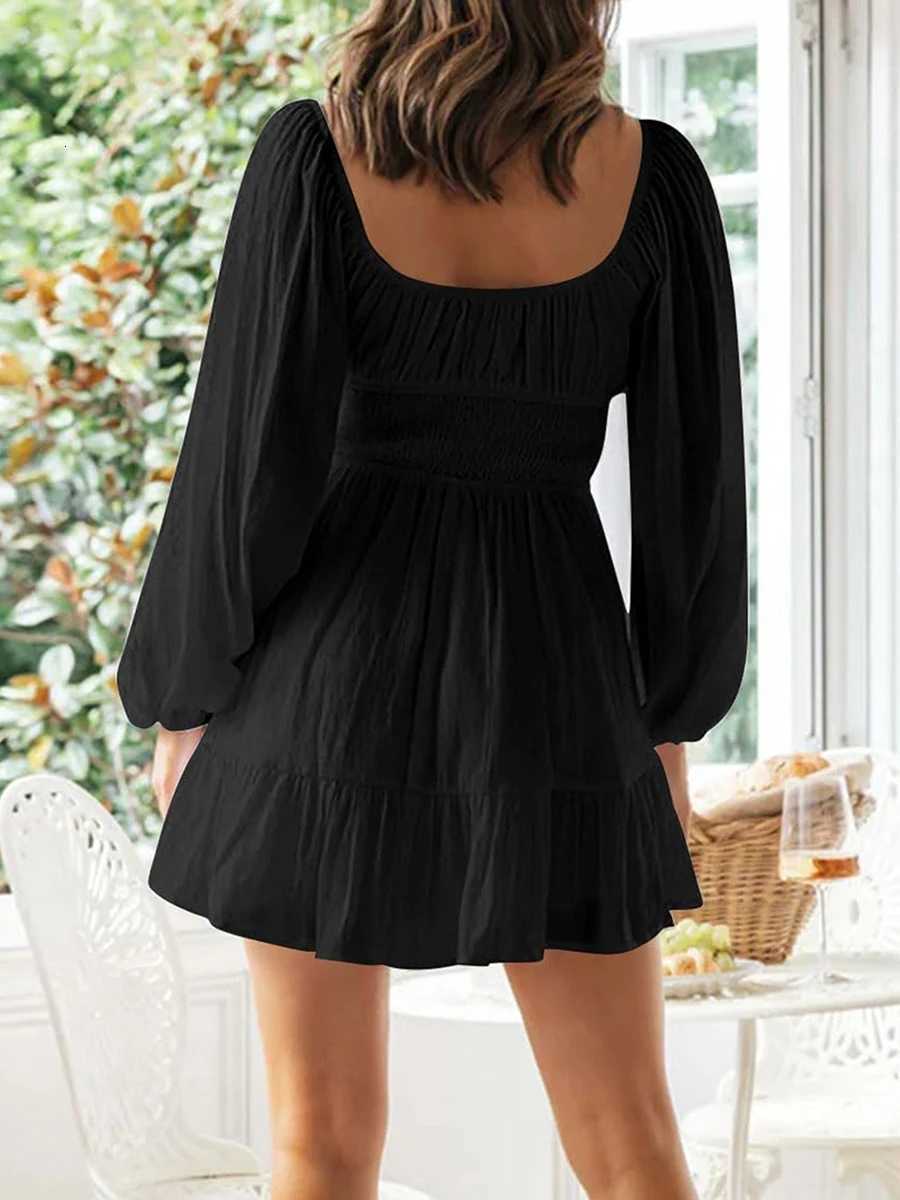 Women s Autumn Short A-line Dress Long Sleeve Square Neck Ruched Tie Up Party DressT260314
