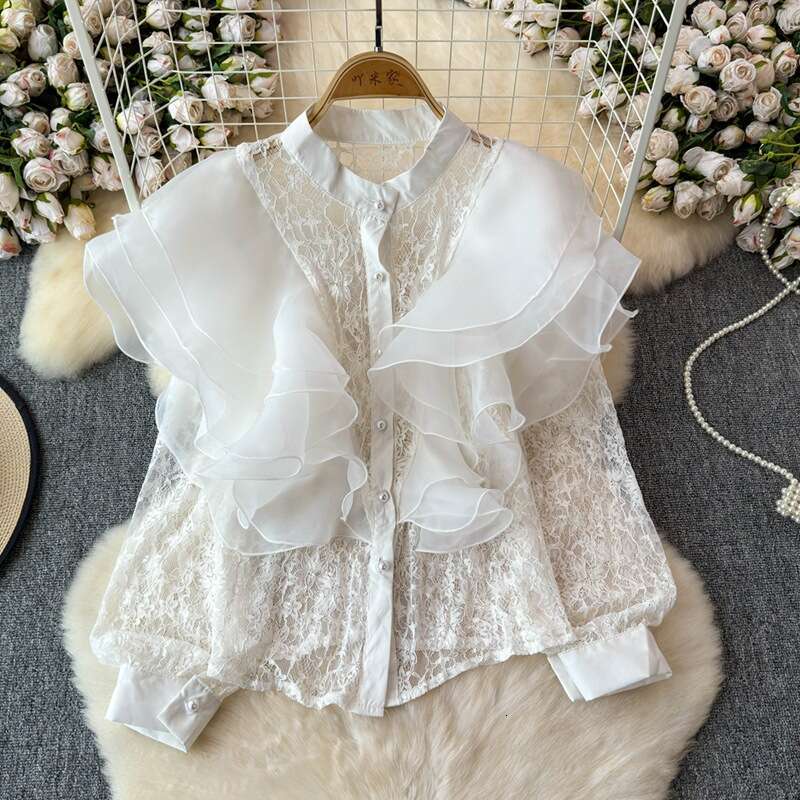 Spring and Autumn New Designer Lightweight Luxury Fairy Pink Ruffle Palace Noble Style Lace Shirt