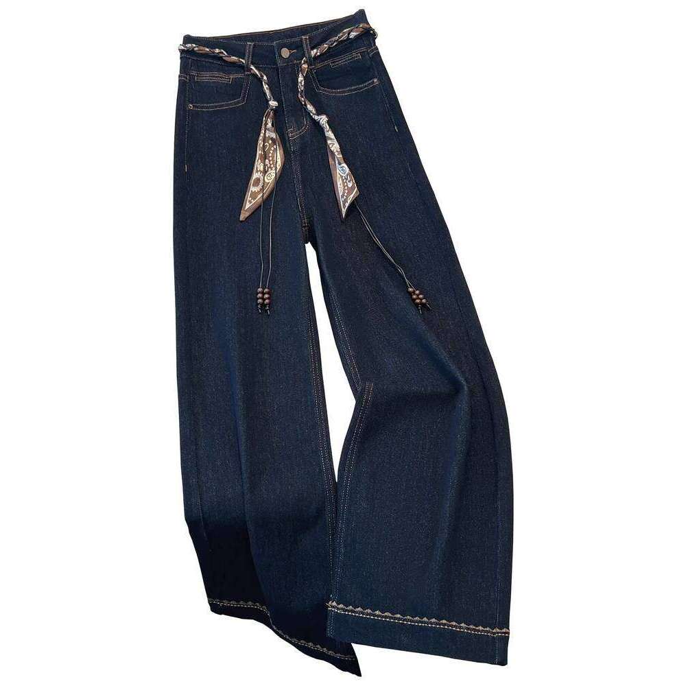2025 Autumn New Denim Blue Wide Leg Women's Jeans Super Popular Pants with Silk Scarf Belt Fashion Straight Trousers Z260313